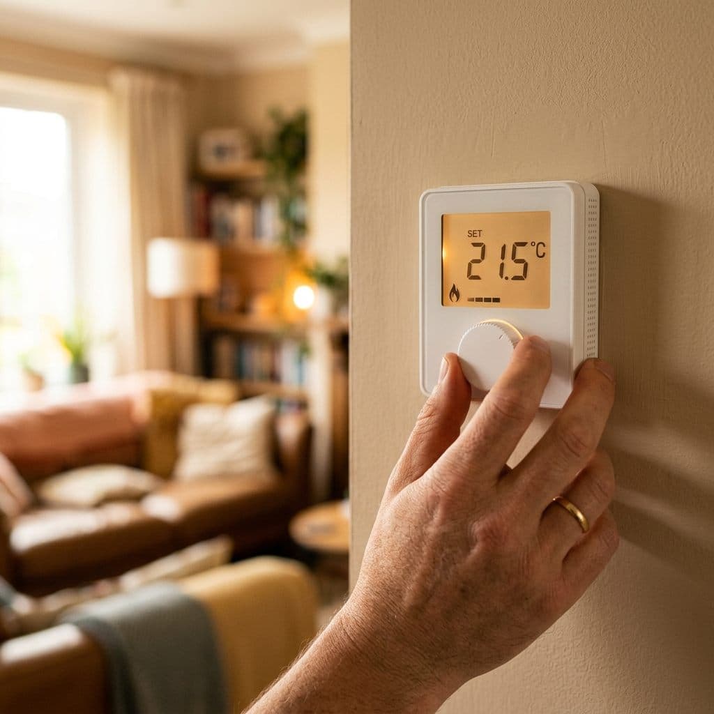 Hand stellt ein modernes Raumthermostat auf 21,5 Grad ein
